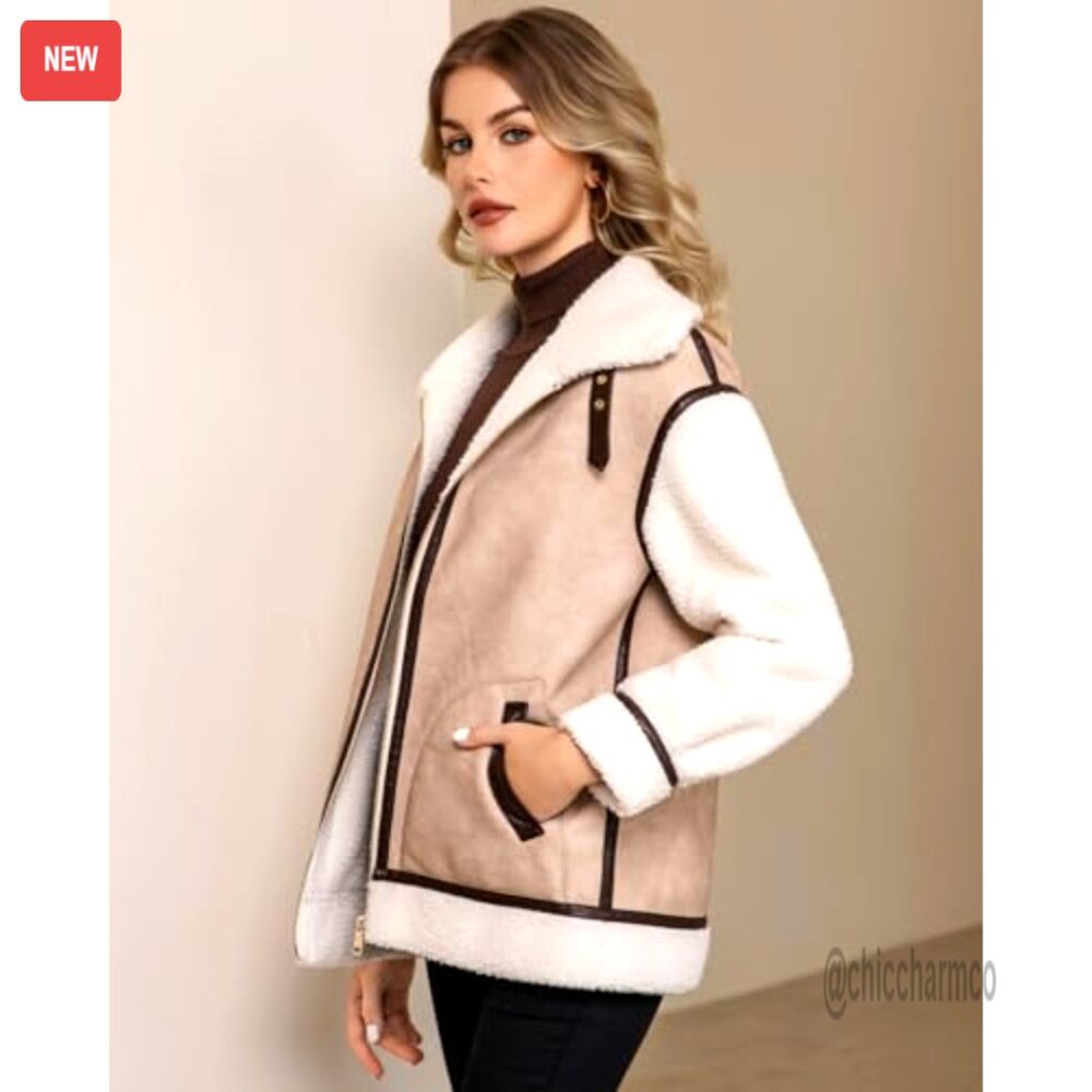Faux Leather Patchwork Fur Lined Jacket Mid-Lengt… - image 2